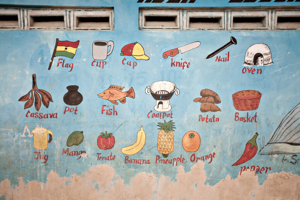 a wall of simple words and photos for learning outside of a school