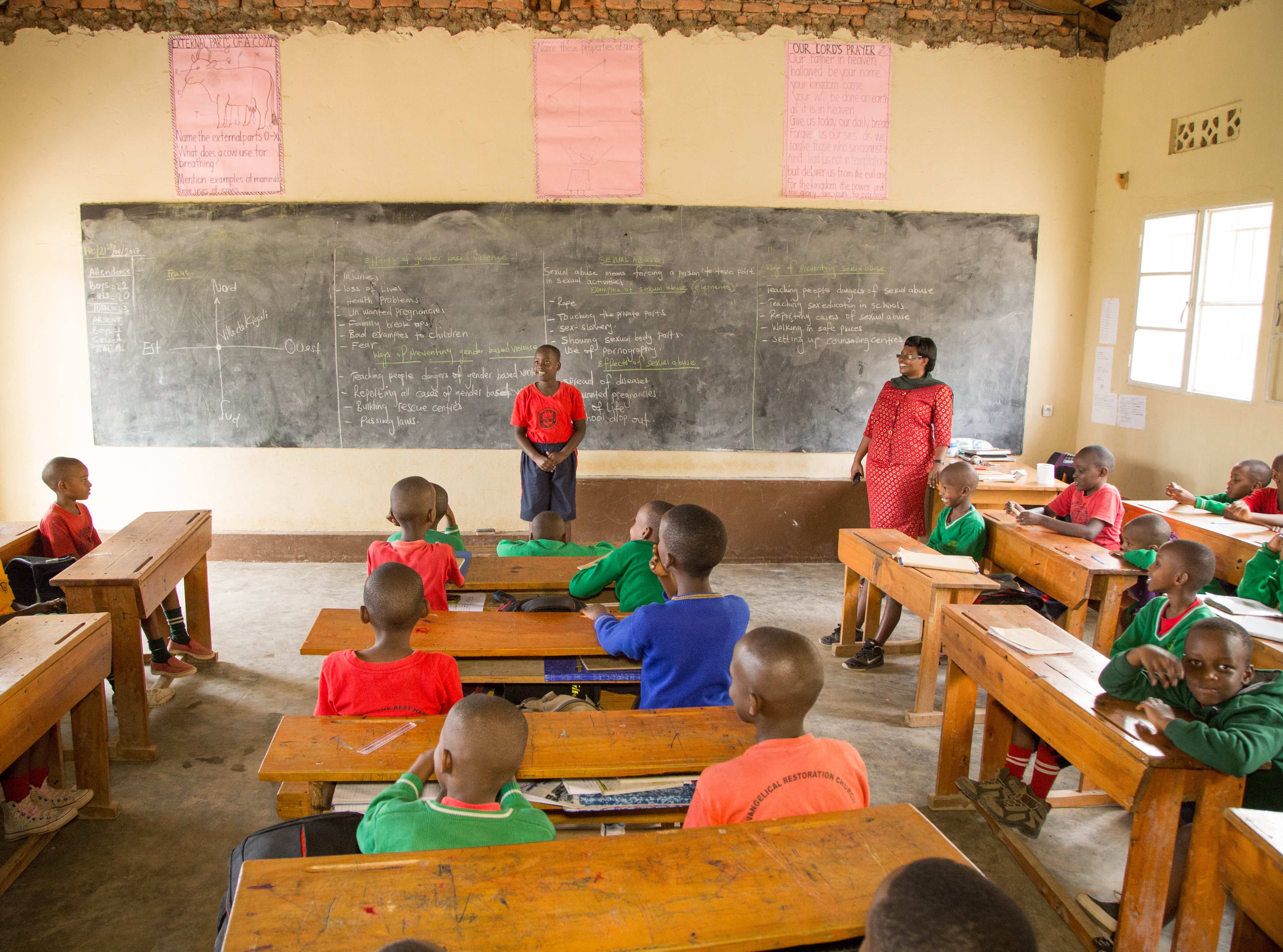 students in a classroom in africa, bright colors